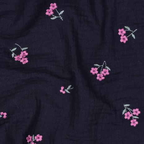 RESSTÜCK 0,70 MTR. ♥ MuSSELIN GESTICKTE STREUBLÜMCHEN NAVY ♥
