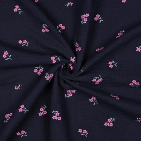 RESSTÜCK 0,70 MTR. ♥ MuSSELIN GESTICKTE STREUBLÜMCHEN NAVY ♥