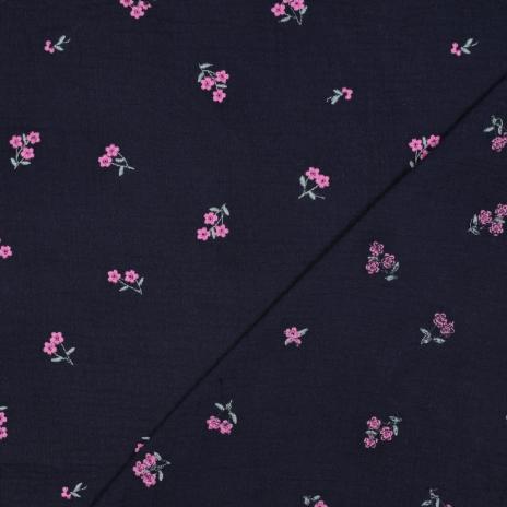 RESSTÜCK 0,70 MTR. ♥ MuSSELIN GESTICKTE STREUBLÜMCHEN NAVY ♥