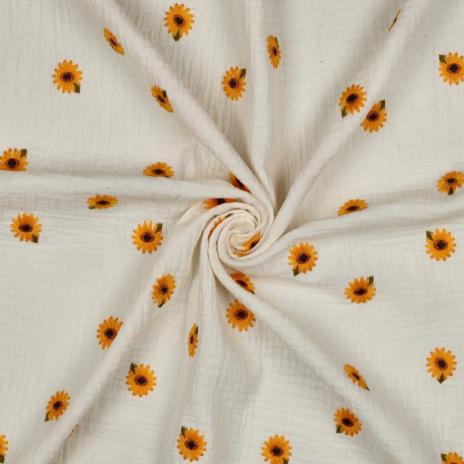 RESTSTÜCK 0,90 MTR. ♥ MUSSELIN GESTICKTE SoNNENBLÜMCHEN NATUR ♥