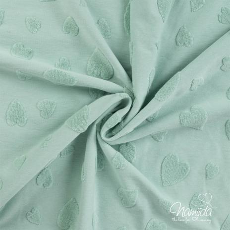0,5 MTR. ♥ FROTTEE JACQUARD HEARTS DUSTY MINT ♥