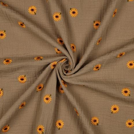 0,5 MTR. ♥ MUSSELIN GESTICKTE SoNNENBLÜMCHEN BEIGE ♥