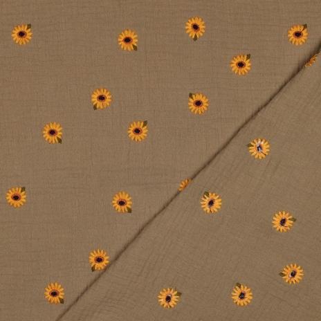 0,5 MTR. ♥ MUSSELIN GESTICKTE SoNNENBLÜMCHEN BEIGE ♥