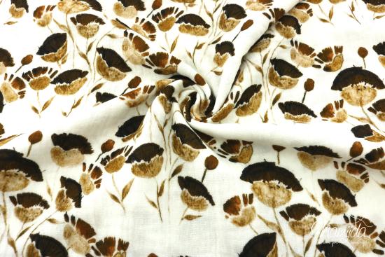 0,5 MTR. ♥ MUSSELIN DOUBLE GAUZE - HERBST FELDBLUMEN - NATUR/BRAUN ♥