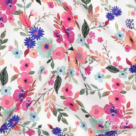 0,5 MTR. ♥ VISKOSE BLUMENLIEBE MIT GOLDENEN LUREX STREIFEN ♥