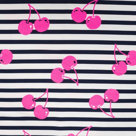 0,50 MTR. NEON CHERRY PINK - NAVY STRIPES - FRENCH TERRY