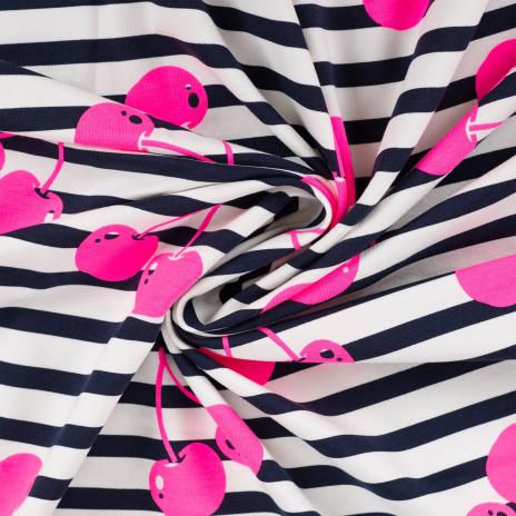 0,50 MTR. NEON CHERRY PINK - NAVY STRIPES - FRENCH TERRY