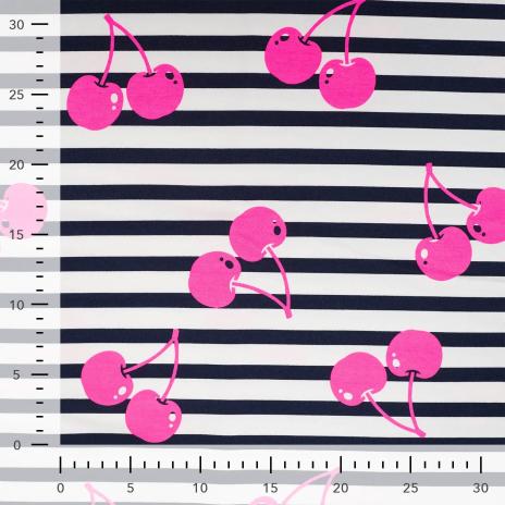 0,50 MTR. NEON CHERRY PINK - NAVY STRIPES - FRENCH TERRY