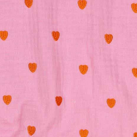 0,5 MTR. ♥ MUSSELIN GESTICKTE ROTE HERZEN - ROSE ♥