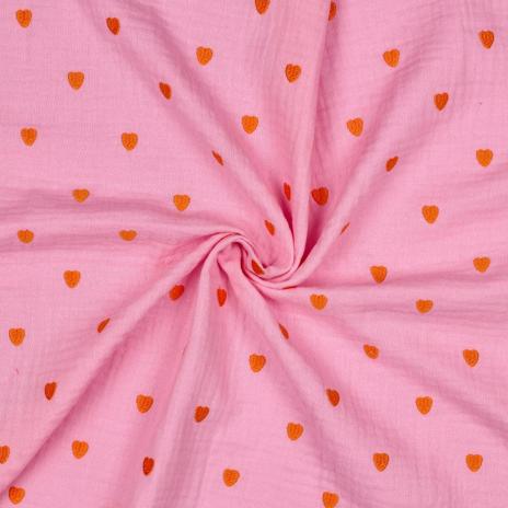 0,5 MTR. ♥ MUSSELIN GESTICKTE ROTE HERZEN - ROSE ♥