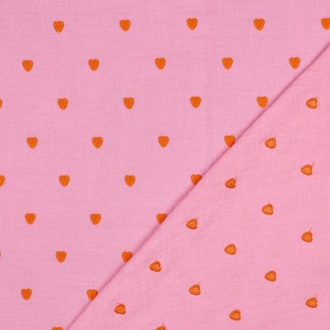 0,5 MTR. ♥ MUSSELIN GESTICKTE ROTE HERZEN - ROSE ♥