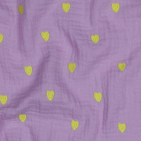 0,5 MTR. ♥ MUSSELIN GESTICKTE NEON HERZEN - LAVENDEL ♥