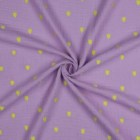 0,5 MTR. ♥ MUSSELIN GESTICKTE NEON HERZEN - LAVENDEL ♥