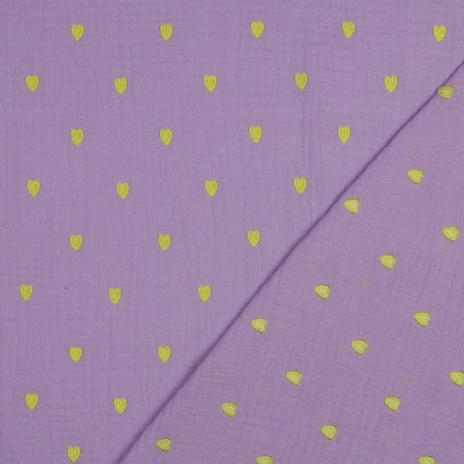 0,5 MTR. ♥ MUSSELIN GESTICKTE NEON HERZEN - LAVENDEL ♥