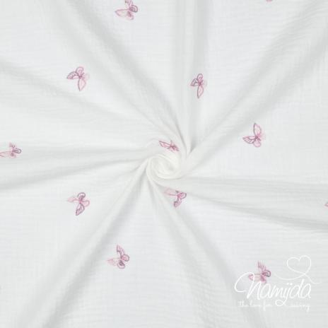 0,5 MTR. ♥ BUTTERFLY FLIEDER GESTICKT MUSSELIN ♥
