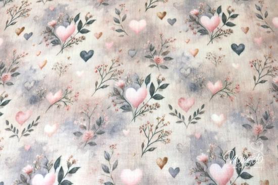 0,5 MTR.   ♥ MUSSELIN ROMANTIC HEARTS FLORAL ROSE/FLIEDER ♥