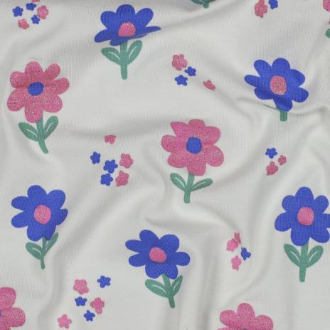 0,5 MTR. ♥ GLITTER BLÜMCHEN JERSEY - WEISS ♥