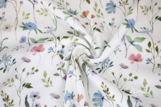 0,5 MTR. ♥ RIPPSTRICK JERSEY SUMMER FLOWERS HELLBLAU ♥