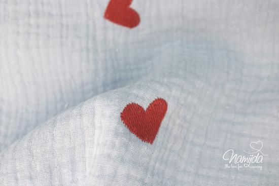 0,5 MTR. ♥ MuSSELIN GESTICKTE HERZEN HELLBLAU ♥