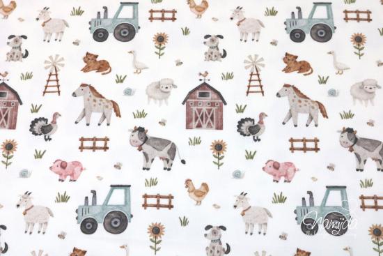 0,5 MTR. ♥ MTR. BAUERNHOF TRAKTOR & TIERE & WINDMÜHLEN WEISS - JERSEY ♥