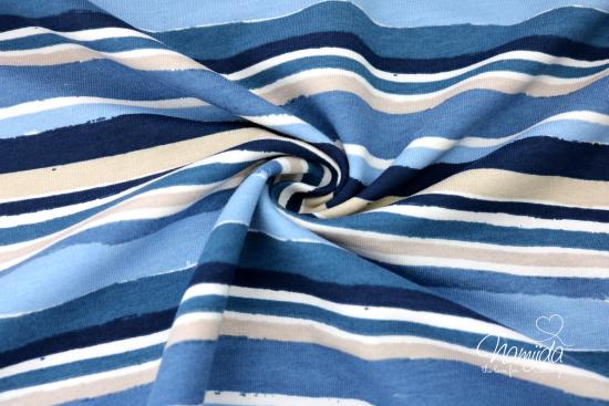 0,5 MTR. ♥ FRENCH TERRY - PAINTED STRIPES - NAVY/JEANS/TAUPE ♥