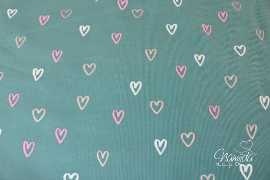 0,5 MTR. ♥ WEICHER FEINCORD GlITZER HEARTS PETROL ♥