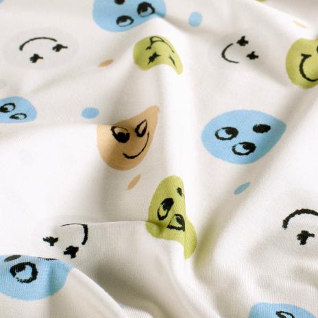 0,50 MTR. ♥ SMILEY COLOURFUL BLAU JERSEY ♥
