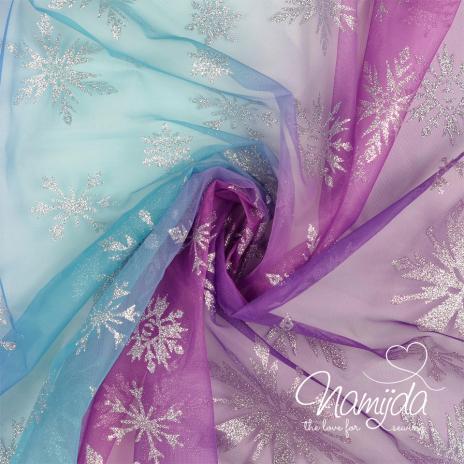 0,5 MTR. ♥ SOFT TüLL EISKRISTALLE FARBVERLAUF TÜRKIS/LILA ♥