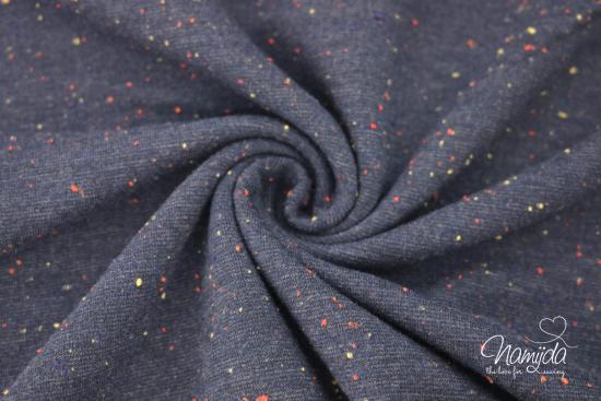 0,5 MTR. Kuschliger KONFETTI SWEAT DARK NAVY MELANGE - bunte Tupfen - Farbeffekte