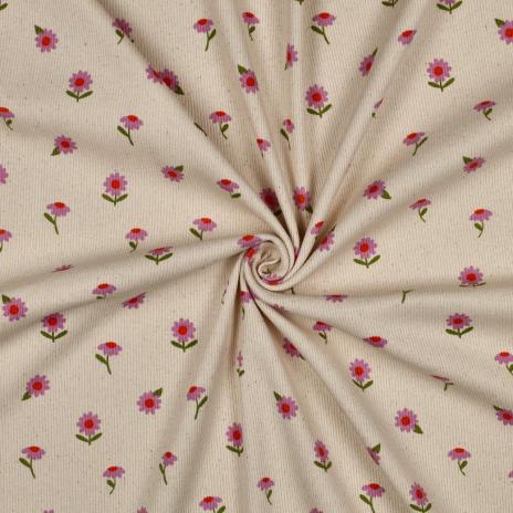 0,5 MTR. ♥ RIPPSTRICK JERSEY  BLÜMCHEN NATURAL ♥