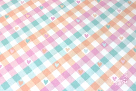 0,5 MTR. ♥ FLANELL KAROHERZEN BAUMWOLLSTOFF - MINT/ROSA/ORANGE ♥