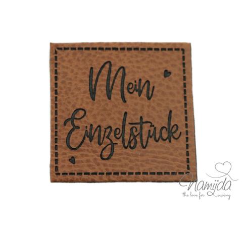 1 Stück - KuNSTLEDER LABEL - Mein Einzelstück -  AUFNÄHER MIT VORGEDRUCKTER NÄHNAHT - 40mm x 40mm