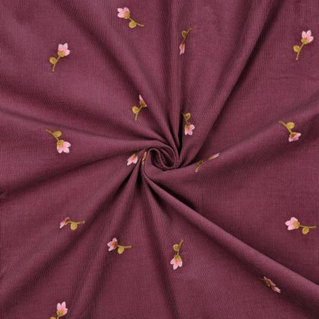 0,5 MTR. ♥ WEICHER BABY FEINCORD BROMBEERE/BEERE GESTICKE BLÜMCHEN ♥