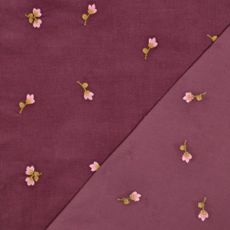0,5 MTR. ♥ WEICHER BABY FEINCORD BROMBEERE/BEERE GESTICKE BLÜMCHEN ♥