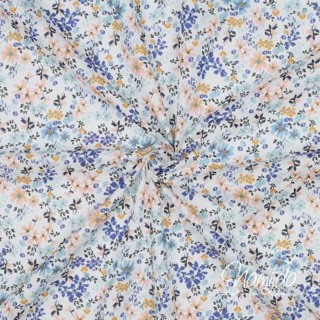 0,5 MTR. ♥ BLUSENSTOFF BAUMWOLLE  VOILE FLOWERS SENF/PEACH/BLAU ♥
