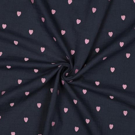 0,5 MTR. ♥ MUSSELIN GESTICKTE ROSE HERZEN - NAVY ♥