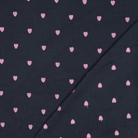0,5 MTR. ♥ MUSSELIN GESTICKTE ROSE HERZEN - NAVY ♥