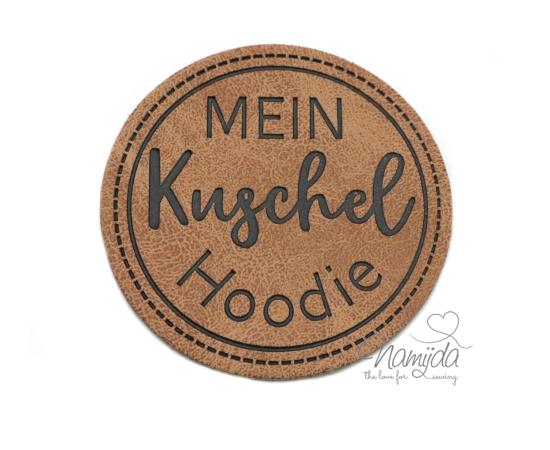 1 Stück - KuNSTLEDER LABEL - MEIN Kuschel Hoodie - AUFNÄHER MIT VORGEDRUCKTER NÄHNAHT - 40mm