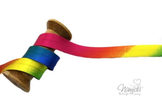1 MTR. ♥ SATIN RAINBOW SCHRÄGBAND - LILA/BLAU/GELB - 20mm ♥