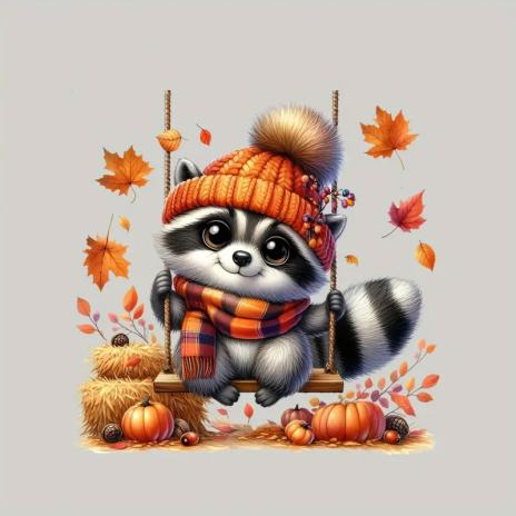 1 Stück - BÜGELBILD SÜßER HERBST WASCHBÄR AUF DER SCHAUKEL 22cm x 24cm