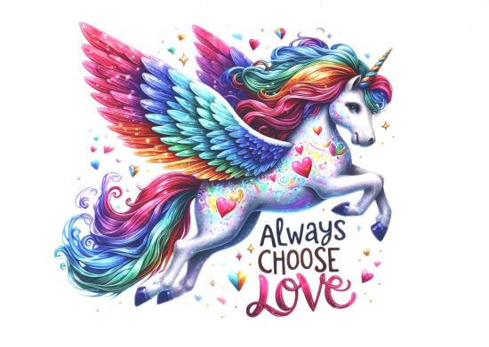 1 Stück - BÜGELBILD ALWAYS CHOOSE LOVE EINHORN 22cm x 22cm