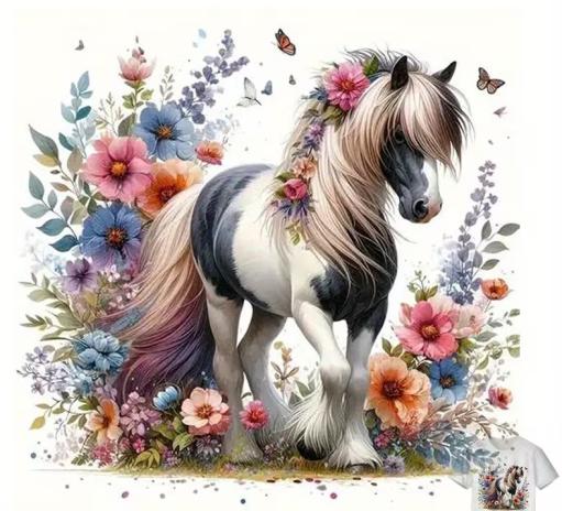 1 Stück - BÜGELBILD  BLUMENPFERD 18cm