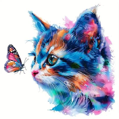 1 Stück - BÜGELBILD CAT & BUTTERFLY 15cm x 20cm