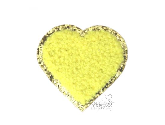 1 Stück - GLITZER HERZ GELB CHENILLE PATCH