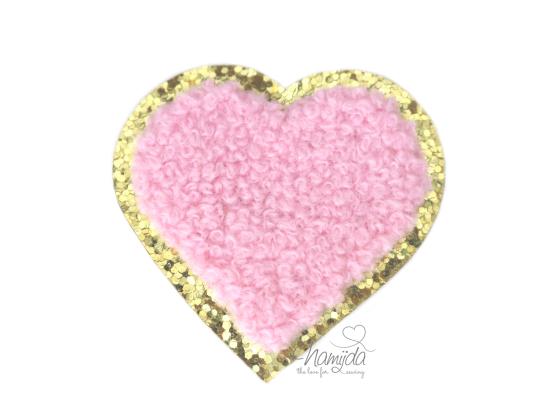 1 Stück - GLITZER HERZ ROSA CHENILLE PATCH