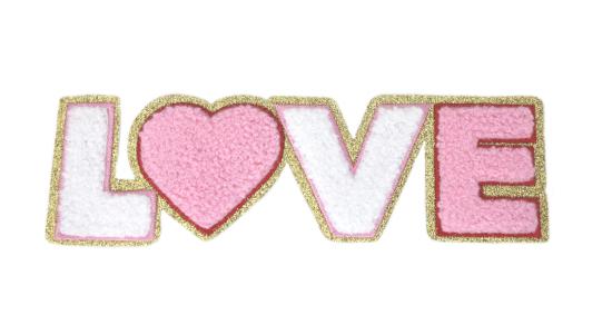 1 Stück - GLITZER LOVE ROSA/WEISS CHENILLE PATCH