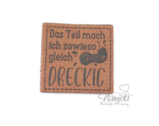 1 Stück - XL KuNSTLEDER LABEL DAS TEIL MACHE ICH... AUFNÄHER MIT VORGEDRUCKTER NÄHNAHT - 40mm x 40mm