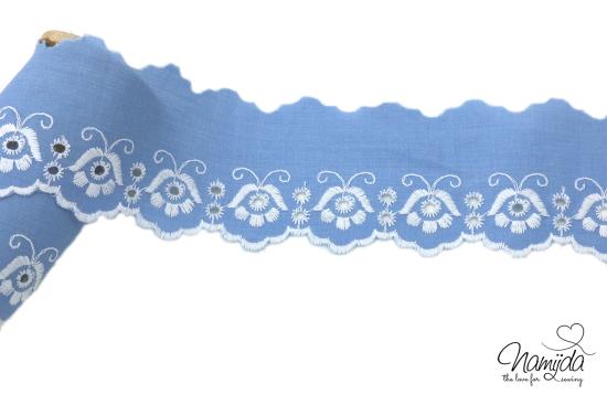 ♥1 Mtr. WäSCHESPITZE BLOOME - ZWEIFARBIG - LIGHT JEANS/WEISS - 5cm ♥ -