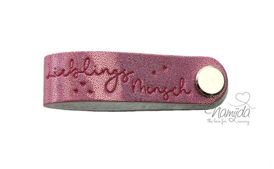 1 Stück - REFLEKTIERENDES KNiCK MiCH LABEL - LIEBLINGSMENSCH GLiTTER PINK + KuPFER VERNICKELTE SCHRAUBE