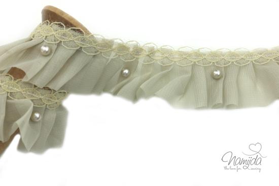 1 MTR. ♥ RüSCHENBORTE SOFT-TÜLL + PERLEN - KHAKI LIGHT ♥